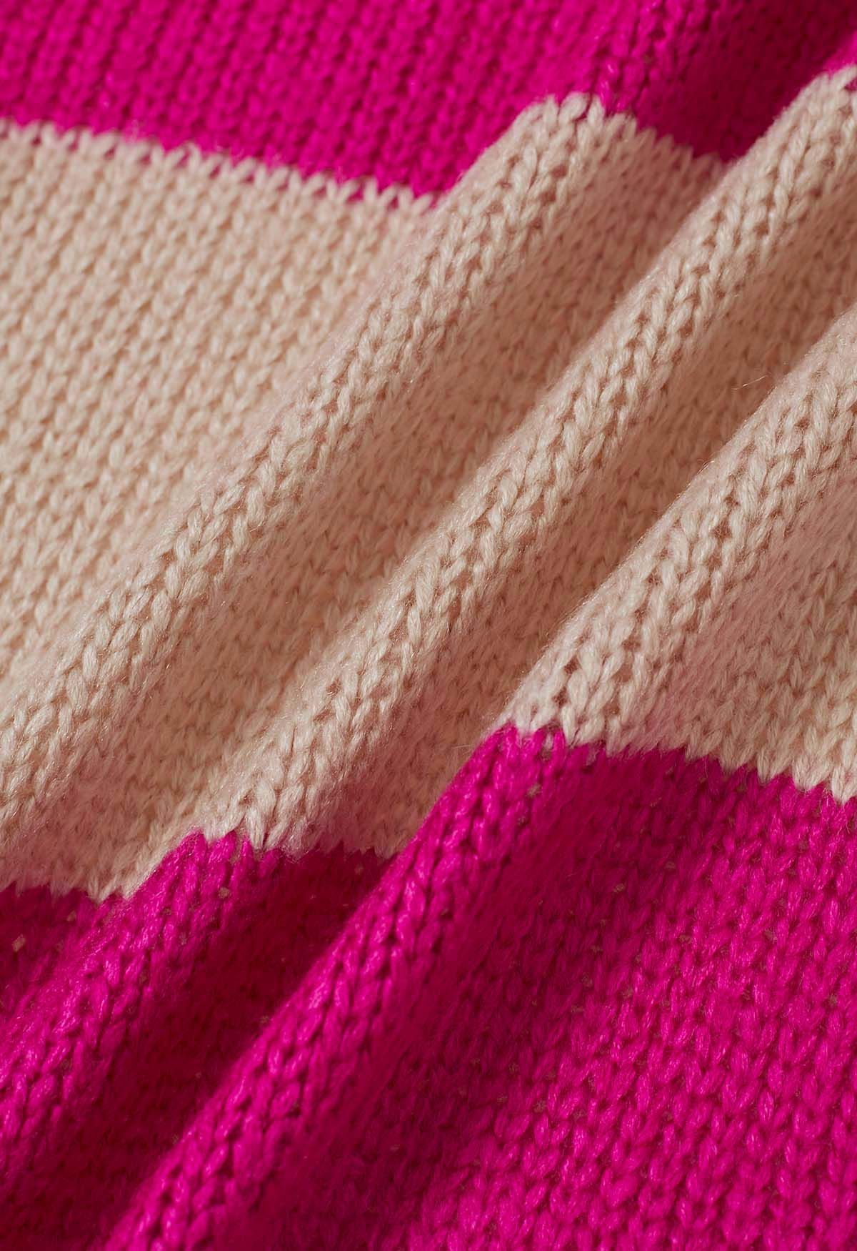 Striped Color Block Open Front Knit Cardigan in Hot Pink