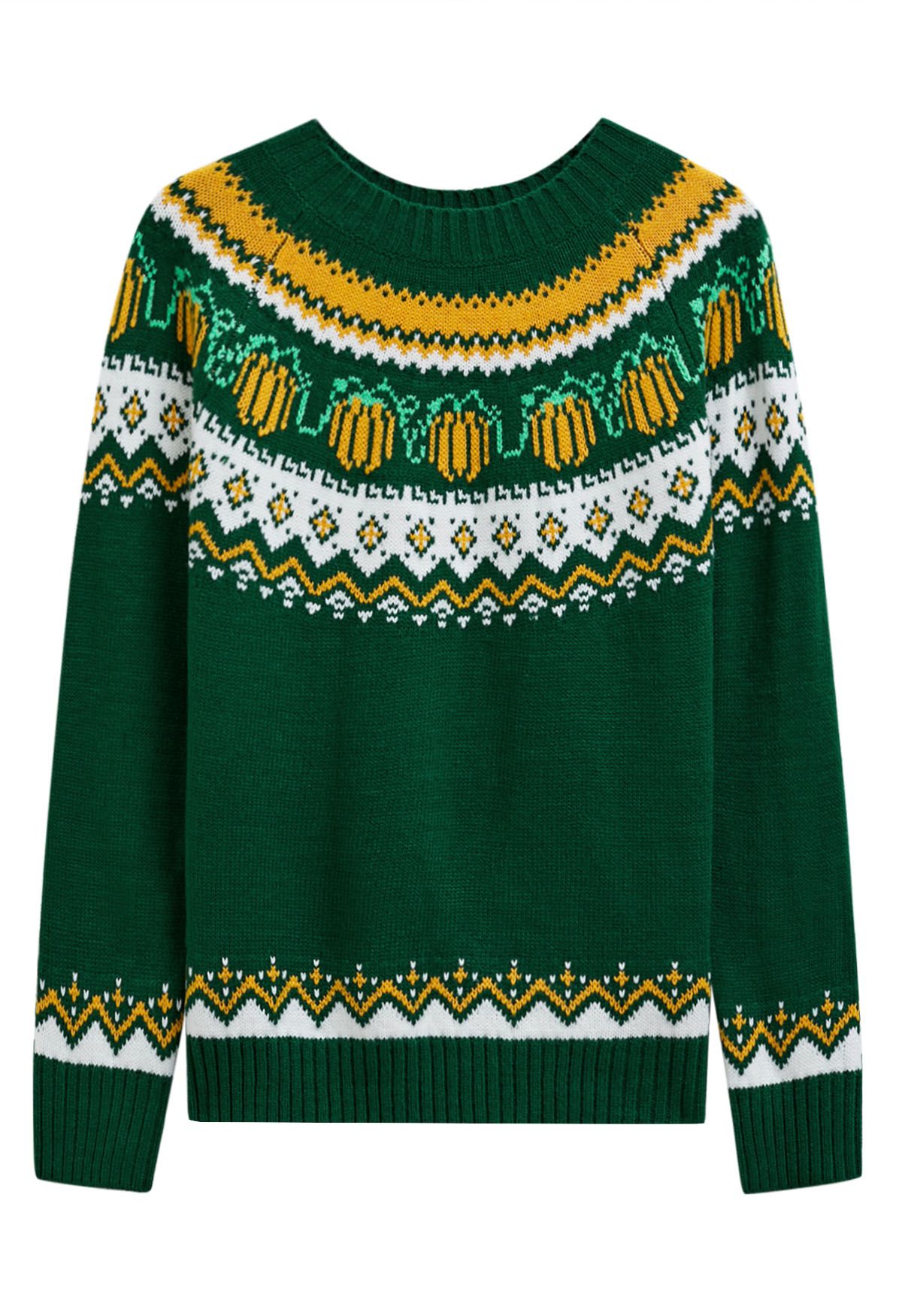 Pumpkin Delight Long Sleeves Knit Sweater in Green