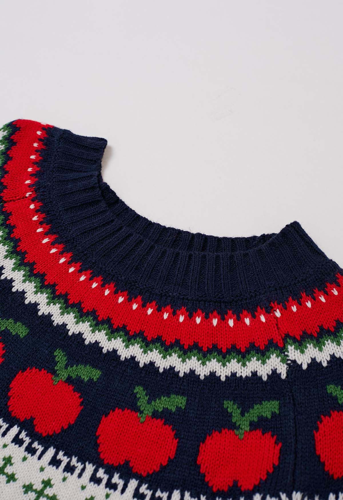 Apple Delight Long Sleeves Knit Sweater in Navy