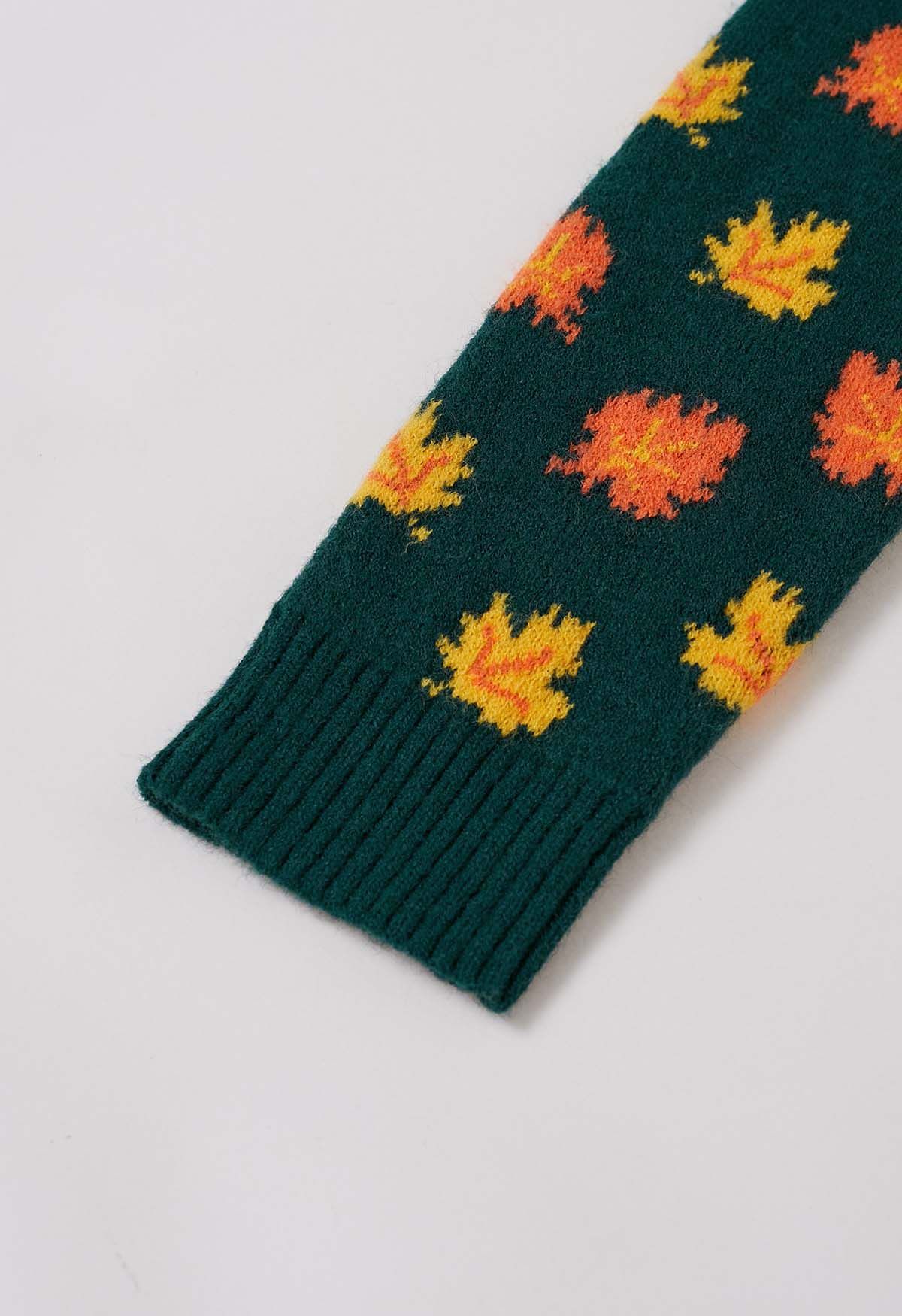 Maple Leaf Long Sleeves Oversized Knit Sweater in Green