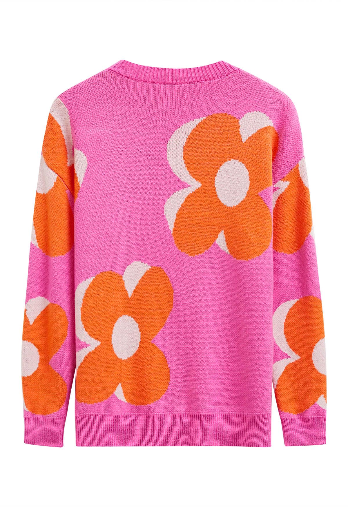 Flowering Day Jacquard Knit Sweater in Hot Pink