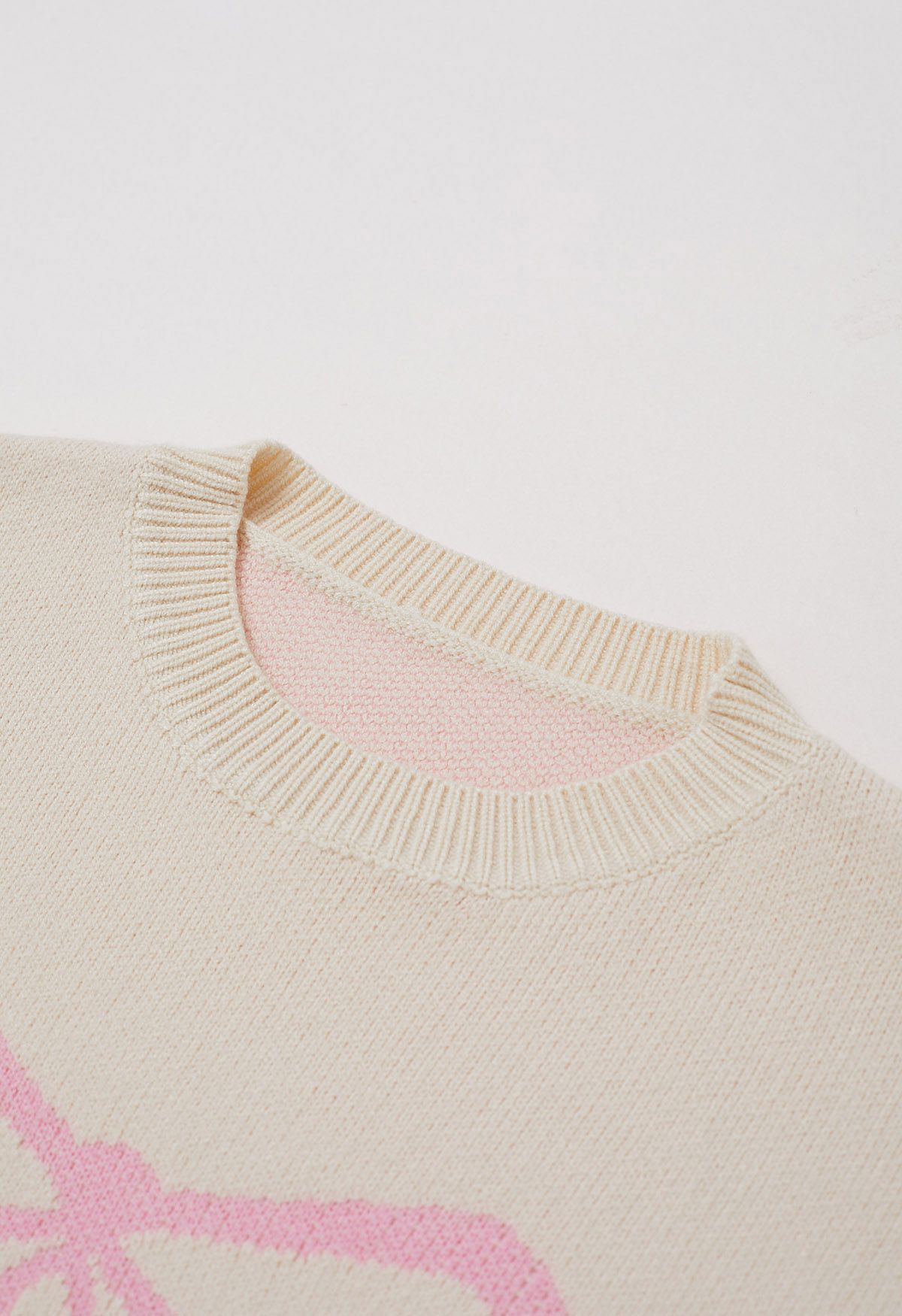 Ribbon Bowknot Pattern Jacquard Knit Sweater in Cream