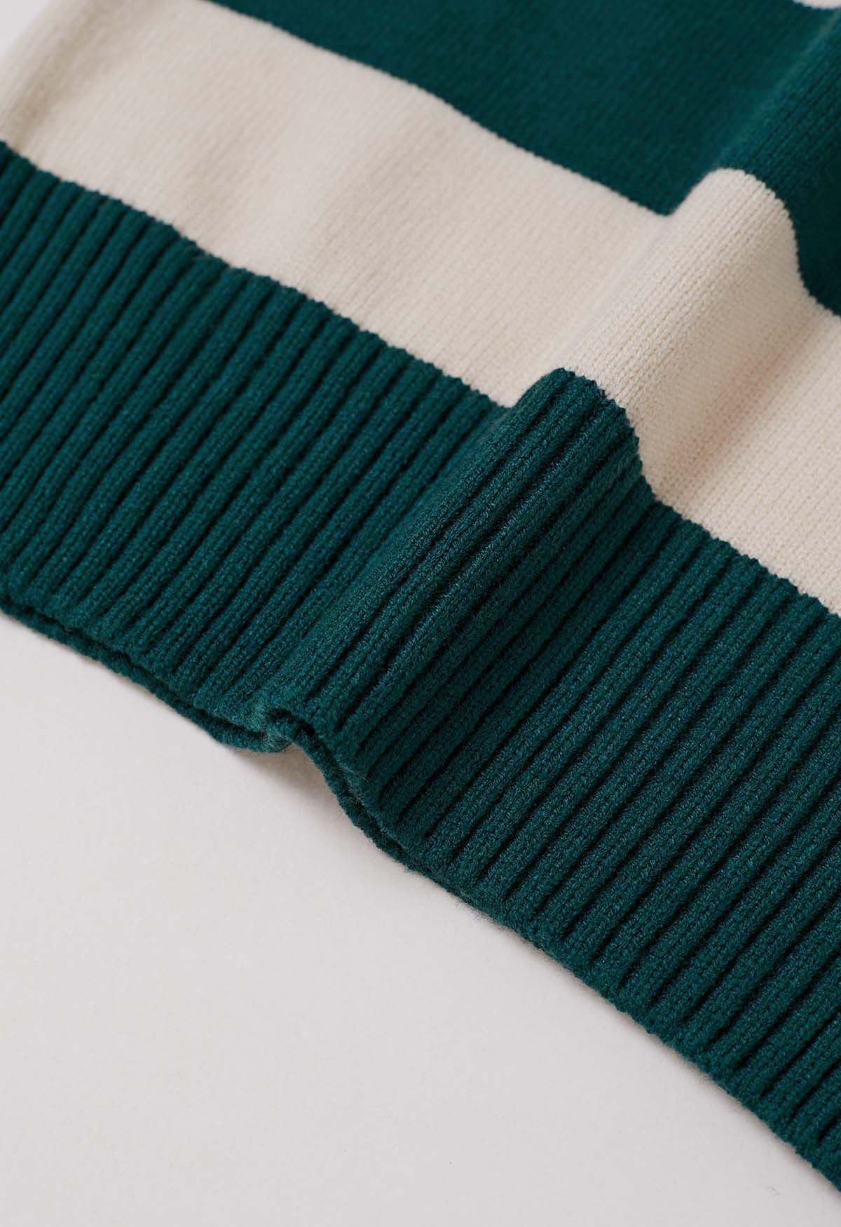 Contrast Stripe Collared V-Neck Knit Sweater in Emerald