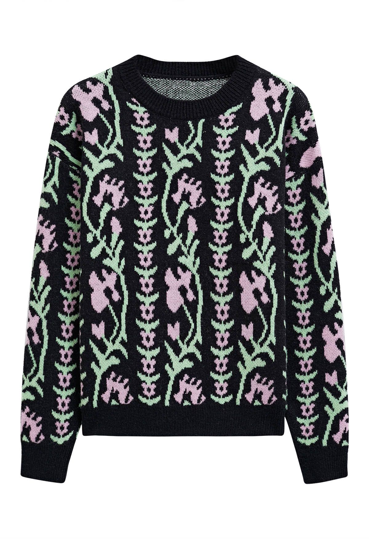 Floral Branch Jacquard Knit Sweater in Black