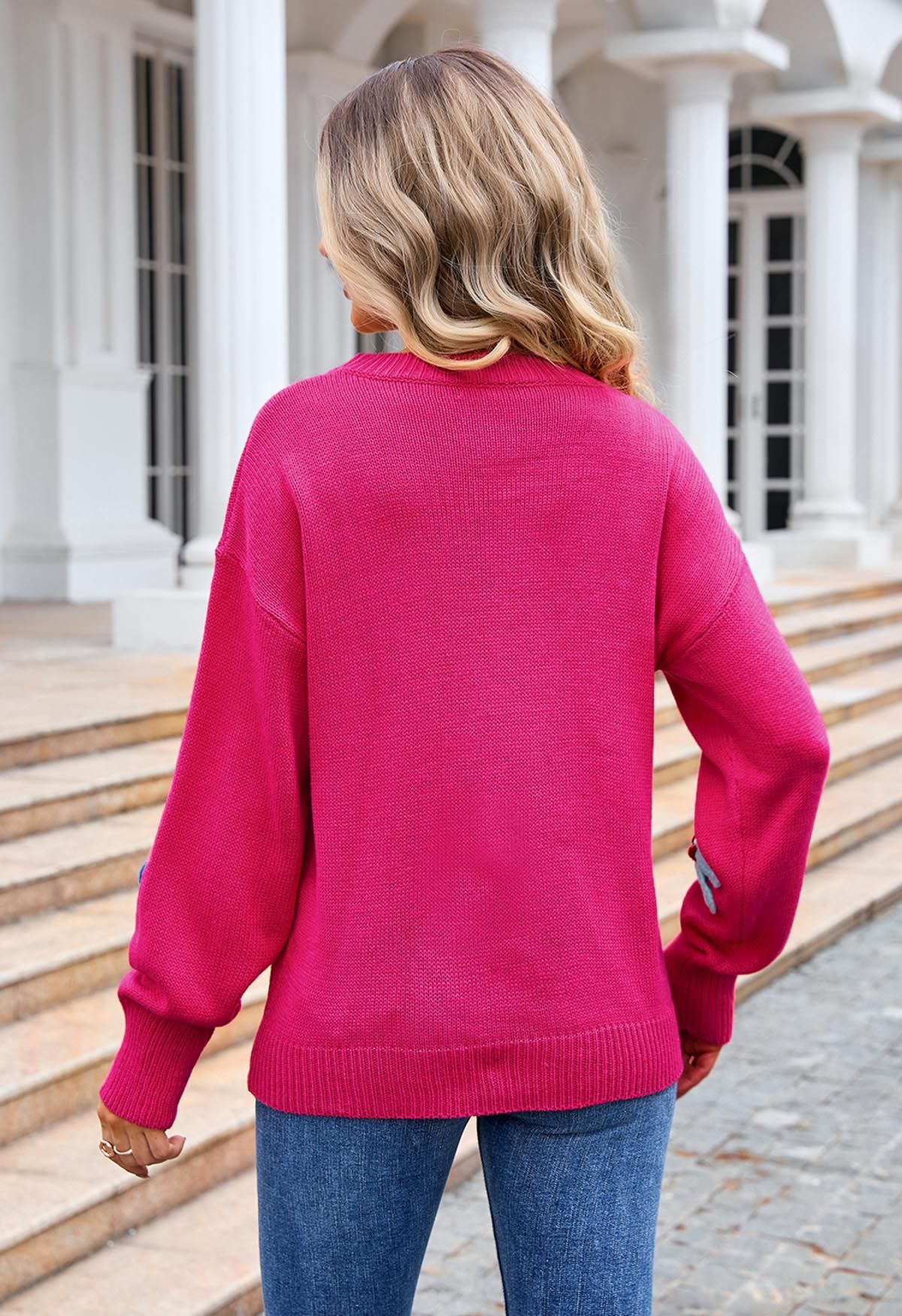 Colorful 3D Stitch Flower Knit Sweater in Hot Pink