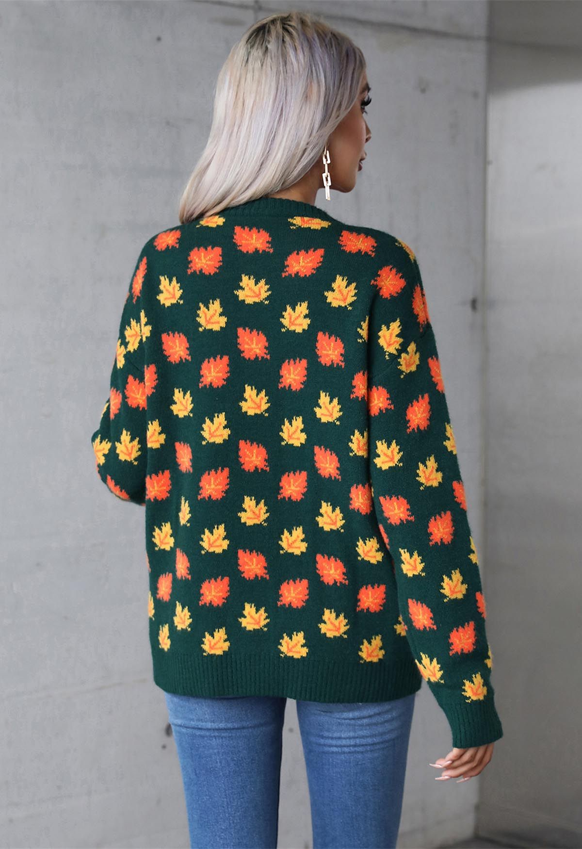 Maple Leaf Long Sleeves Oversized Knit Sweater in Green