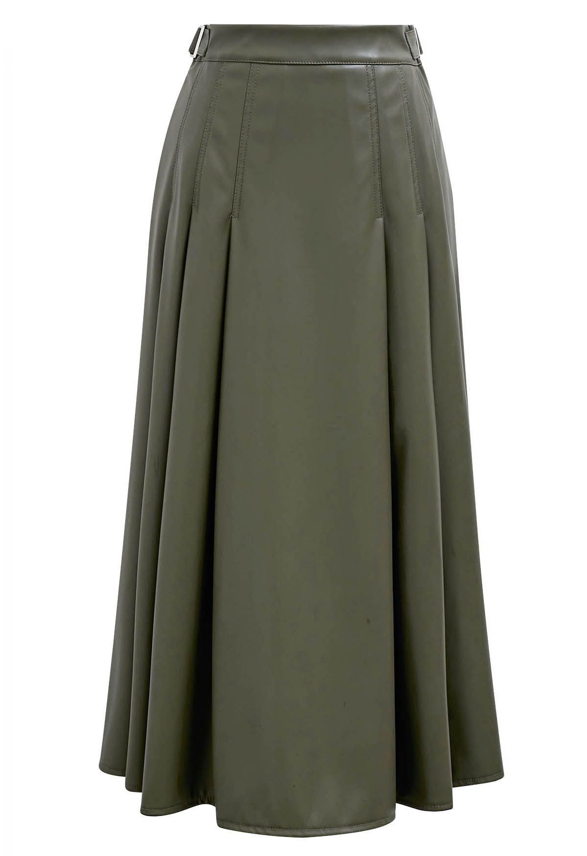 Side Belt Faux Leather Pleated Midi Skirt in Army Green