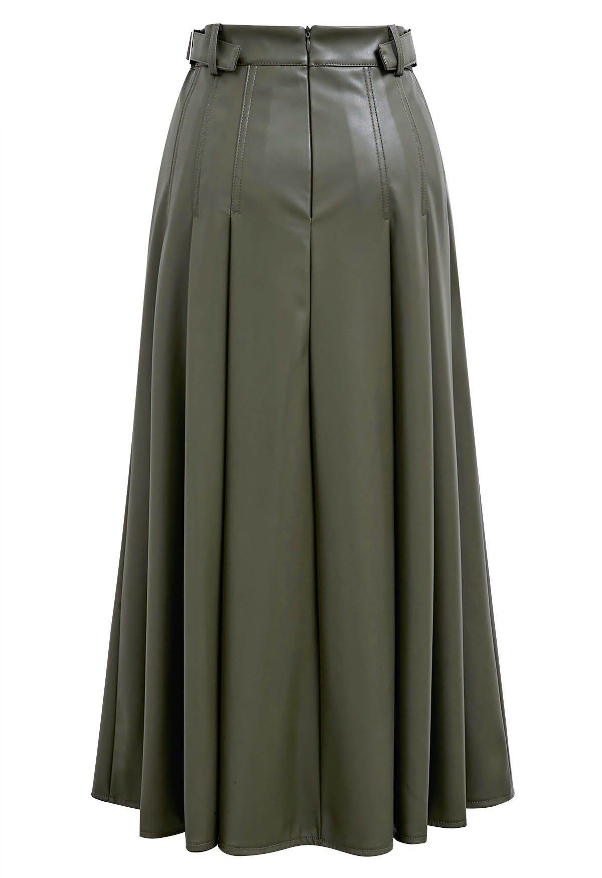 Side Belt Faux Leather Pleated Midi Skirt in Army Green