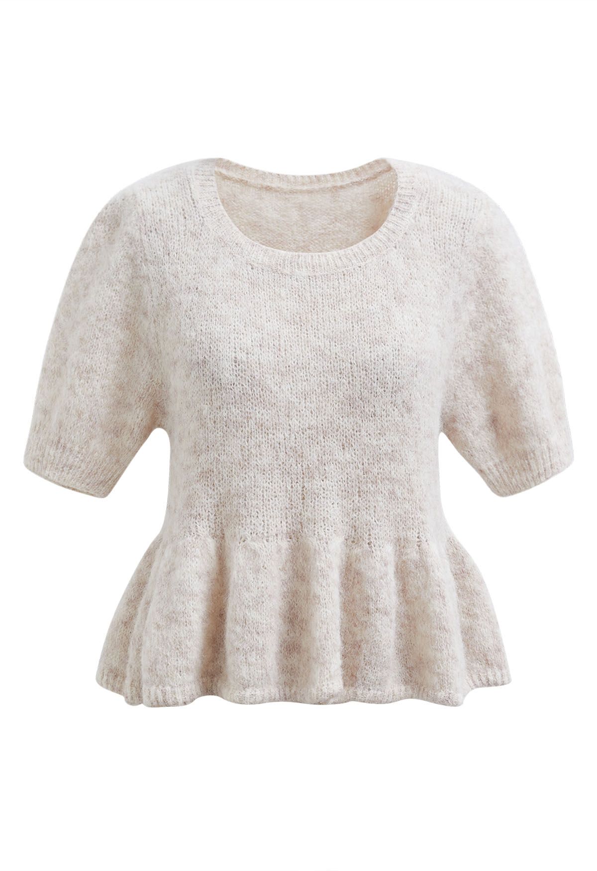 Peplum Flair Fuzzy Knit Top in Oatmeal