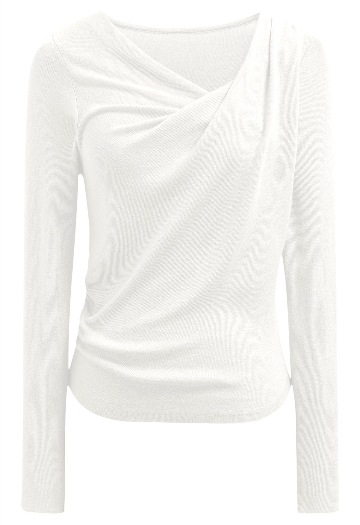 Gentle Crossover Long-Sleeve Knit Top in White