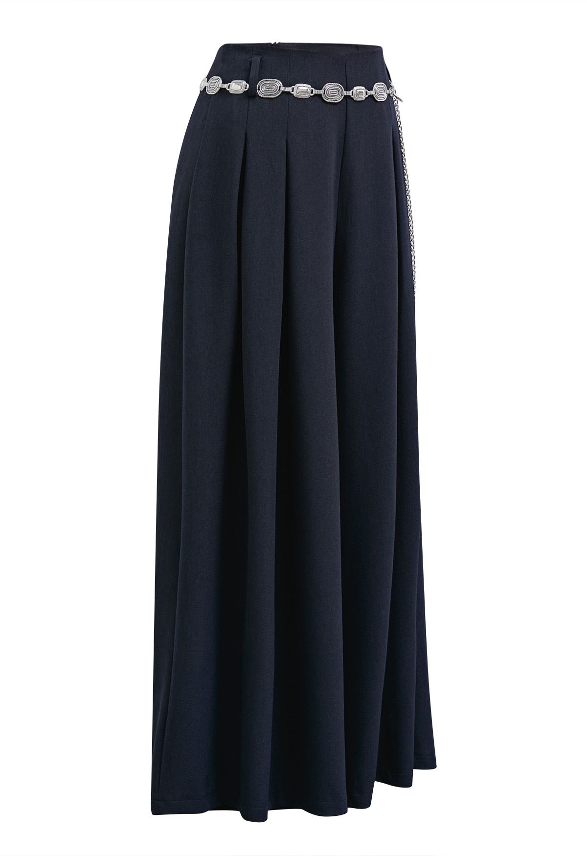 Chain-Embellished Pleated Palazzo Pants in Navy