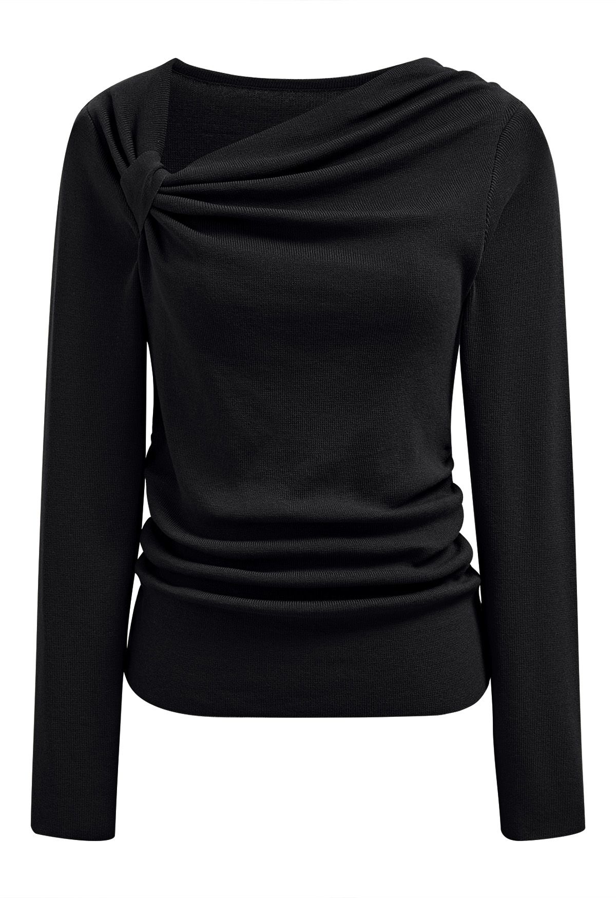 Side Knot Ruched Long-Sleeve Knit Top in Black