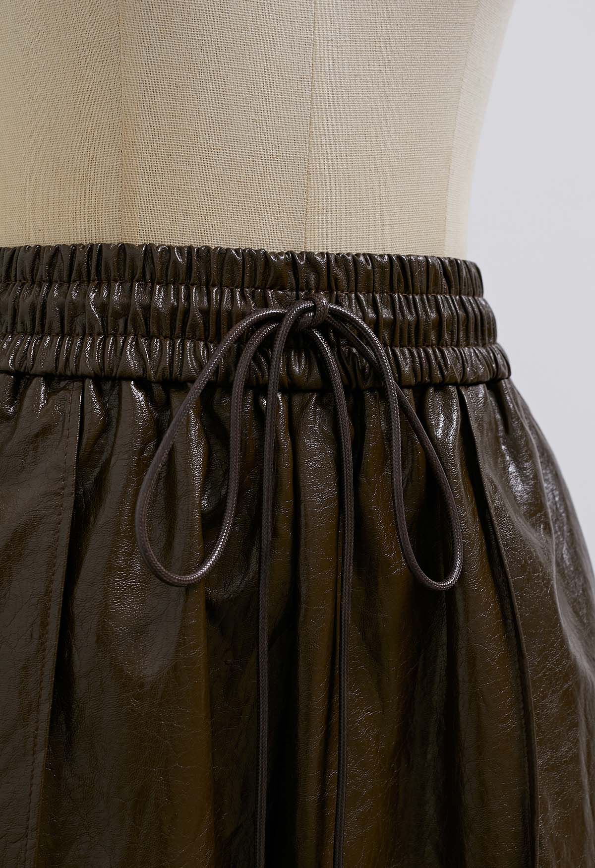 Urban Chic Faux Leather Drawstring Shorts in Chocolate