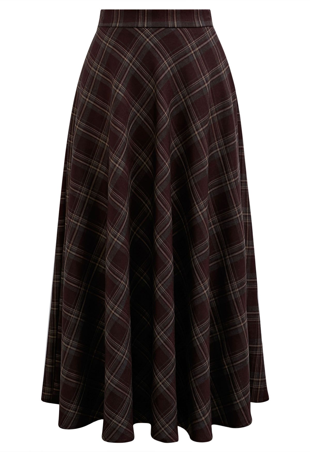 Plaid Charm Flare Midi Skirt in Burgundy