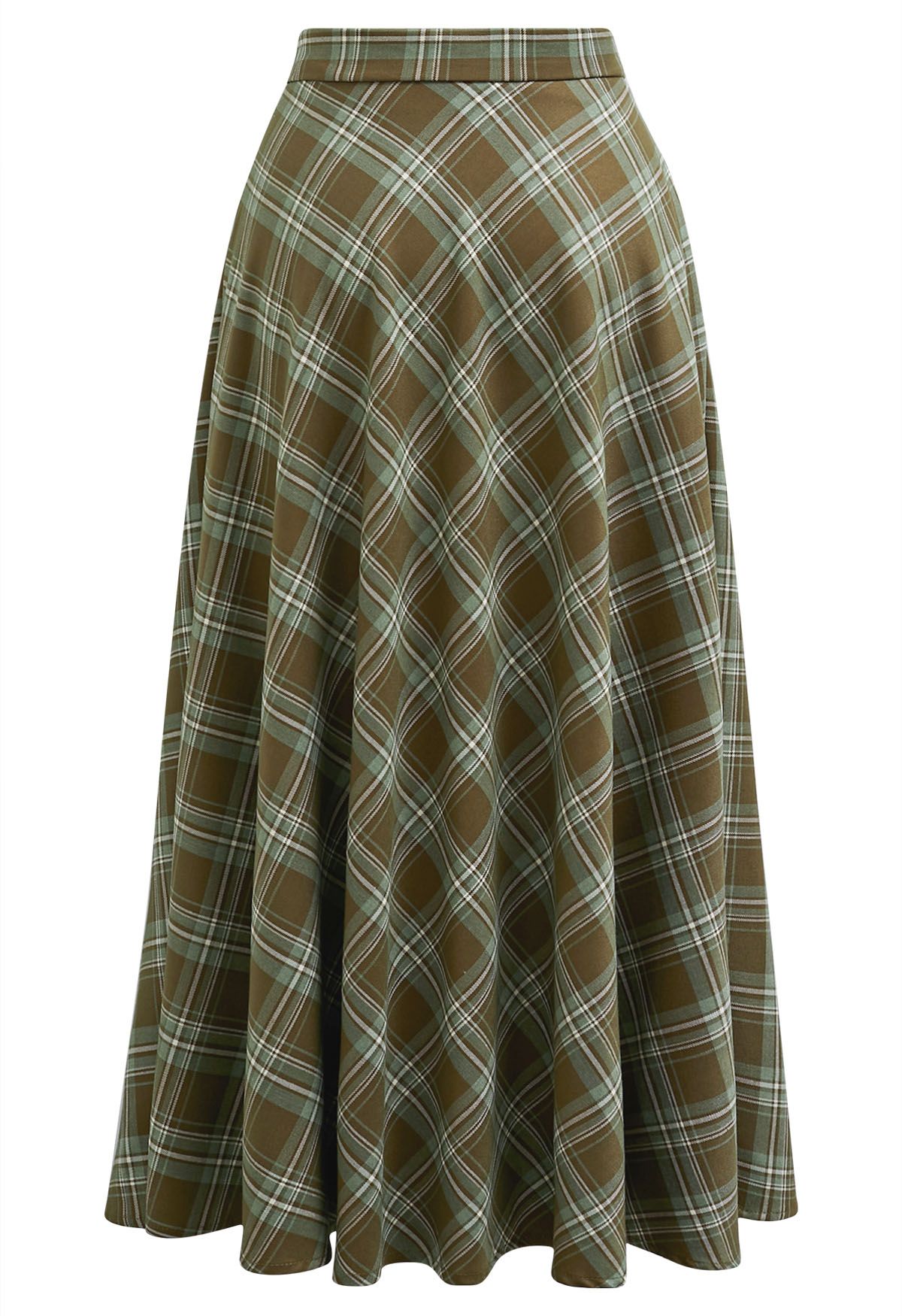 Plaid Charm Flare Midi Skirt in Army Green