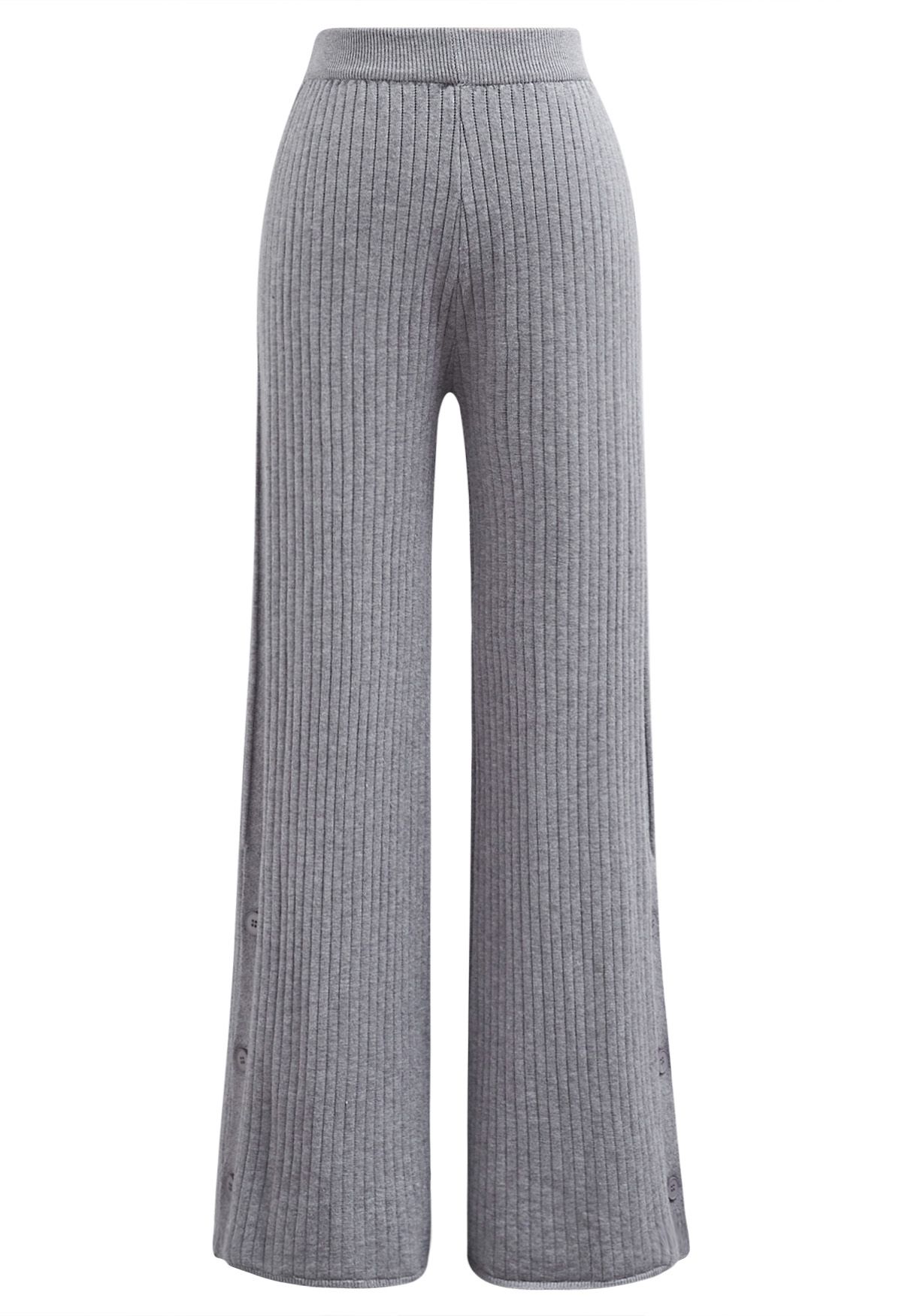 Buttoned Hem Ribbed Knit Pants in Grey