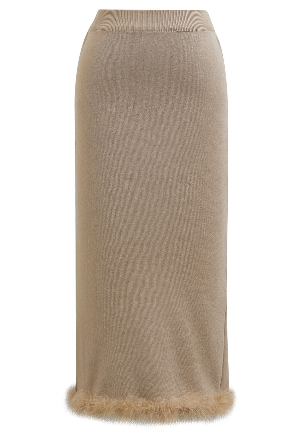 Feather Trim Button Knit Top and Midi Skirt Set in Khaki