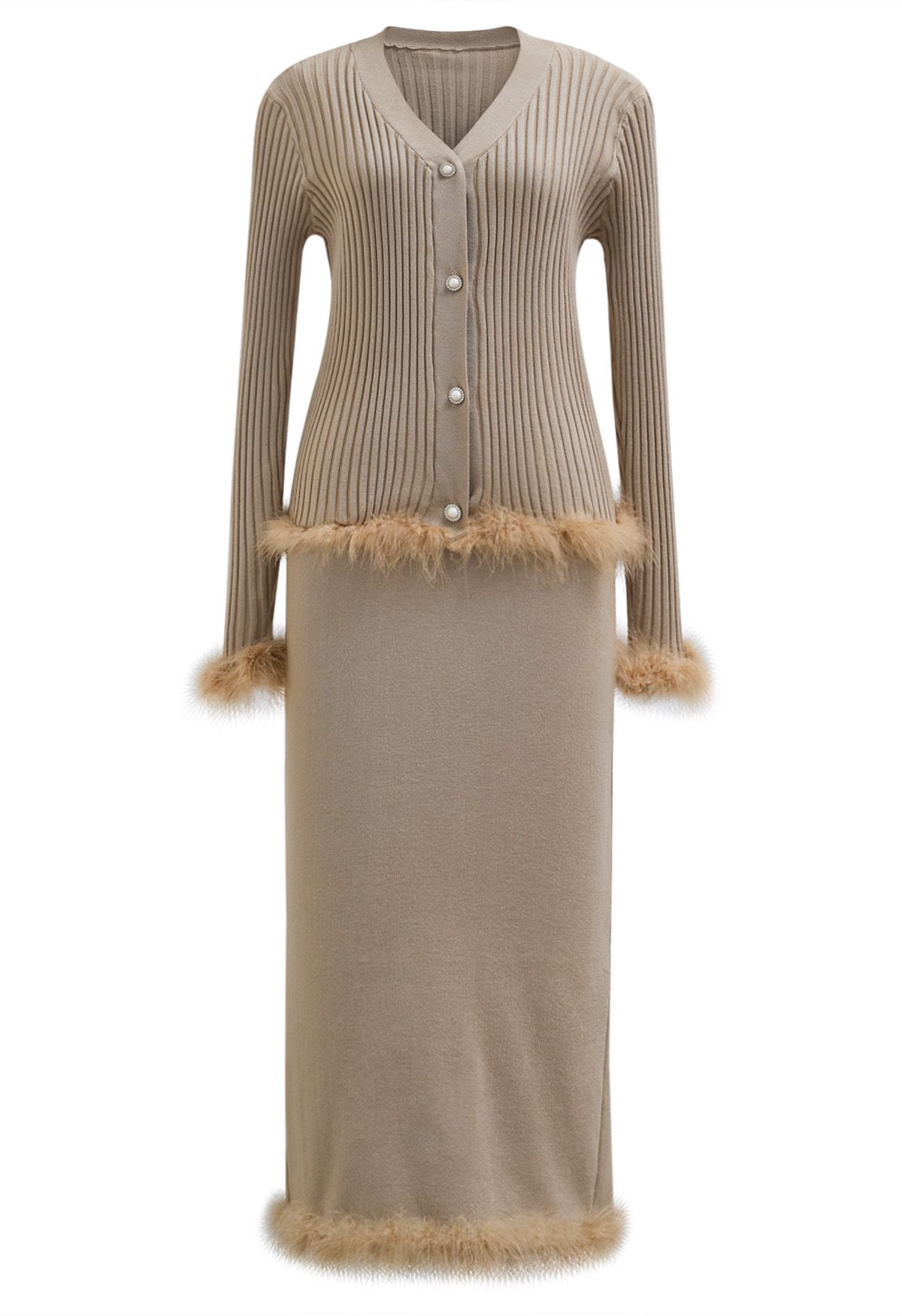 Feather Trim Button Knit Top and Midi Skirt Set in Khaki