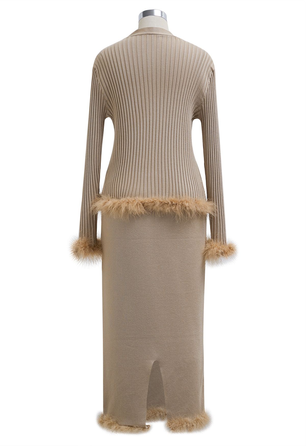 Feather Trim Button Knit Top and Midi Skirt Set in Khaki