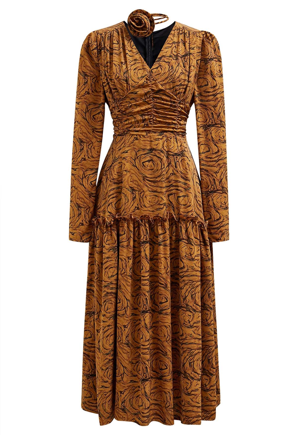 Fantastic Rose V-Neck Ruched Midi Dress with Choker in Pumpkin