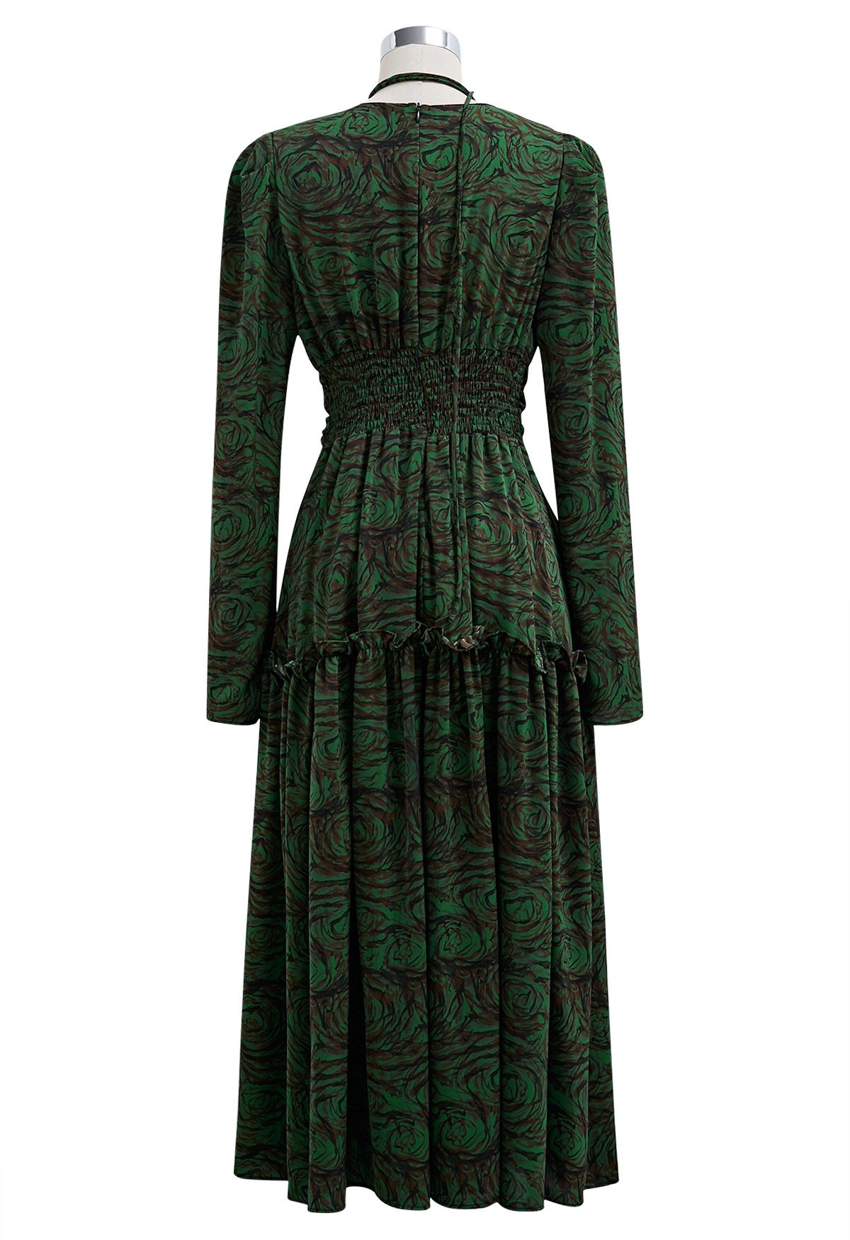 Fantastic Rose V-Neck Ruched Midi Dress with Choker in Dark Green