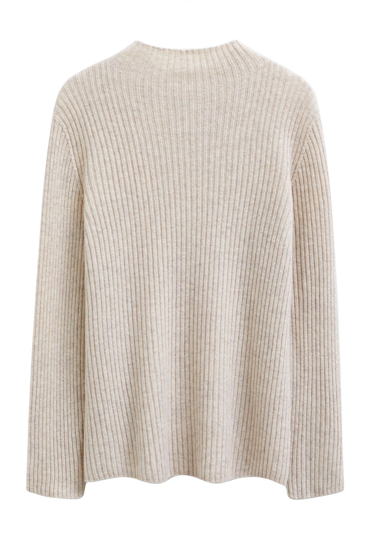 Elemental Mock Neck Long-Sleeve Wool Sweater in Linen