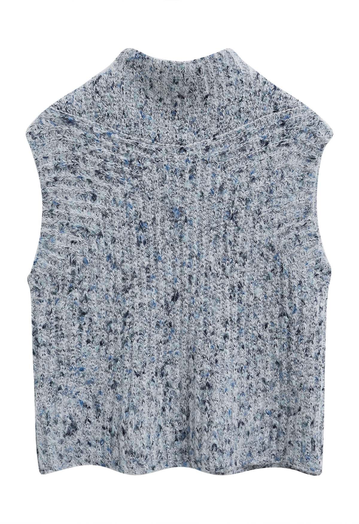 Fuzzy Mix-Knit Mock Neck Sleeveless Top in Grey