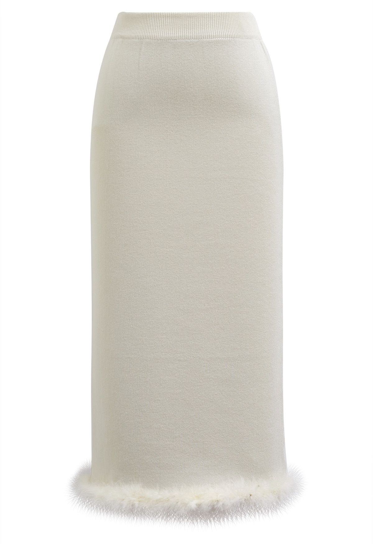 Feather Trim Button Knit Top and Midi Skirt Set in Ivory