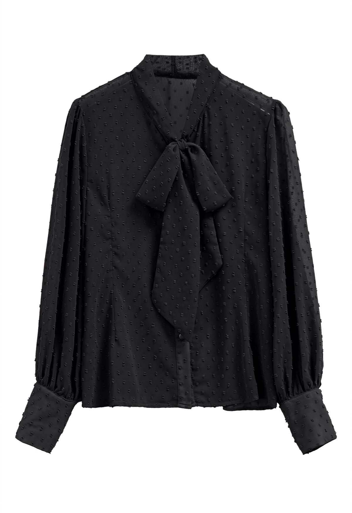 Flock Dot Self-Tie Bowknot Button Shirt in Black