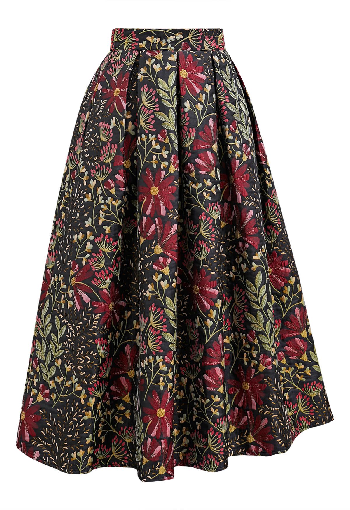 Cheerful Daisy Field Jacquard Pleated Midi Skirt in Black