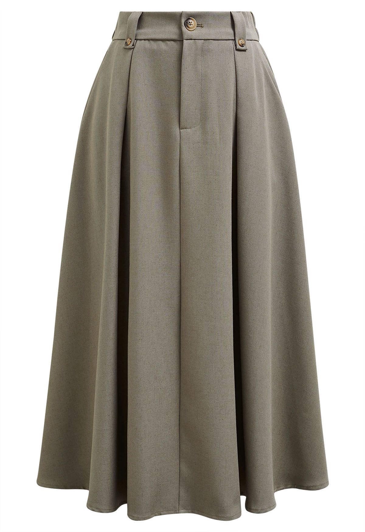 Dignified Buttons Trim A-Line Midi Skirt in Khaki