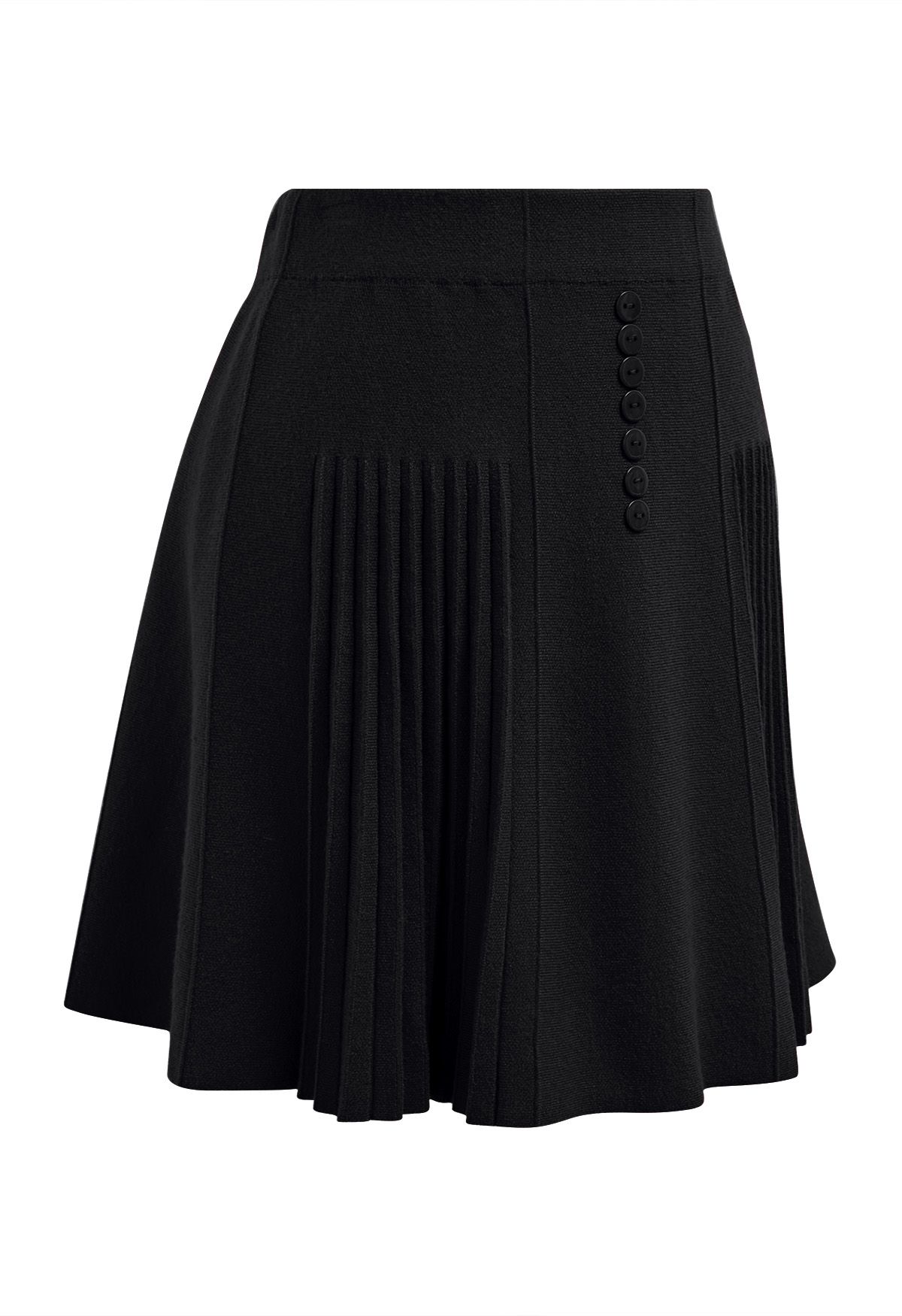 Refined Pleats Button Trim Knitted Mini Skirt in Black