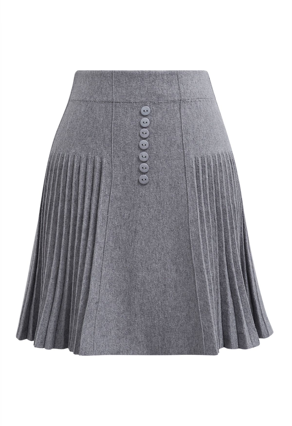 Refined Pleats Button Trim Knitted Mini Skirt in Grey