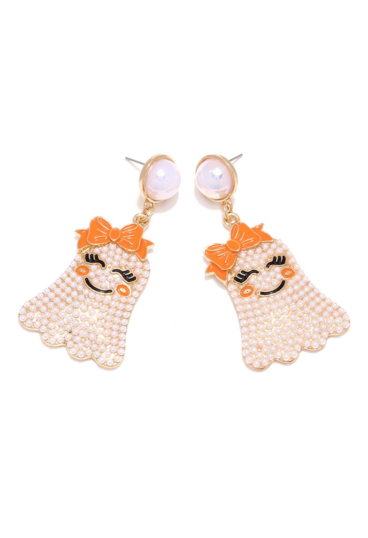 Smiling Ghost Pearl Bow Earrings