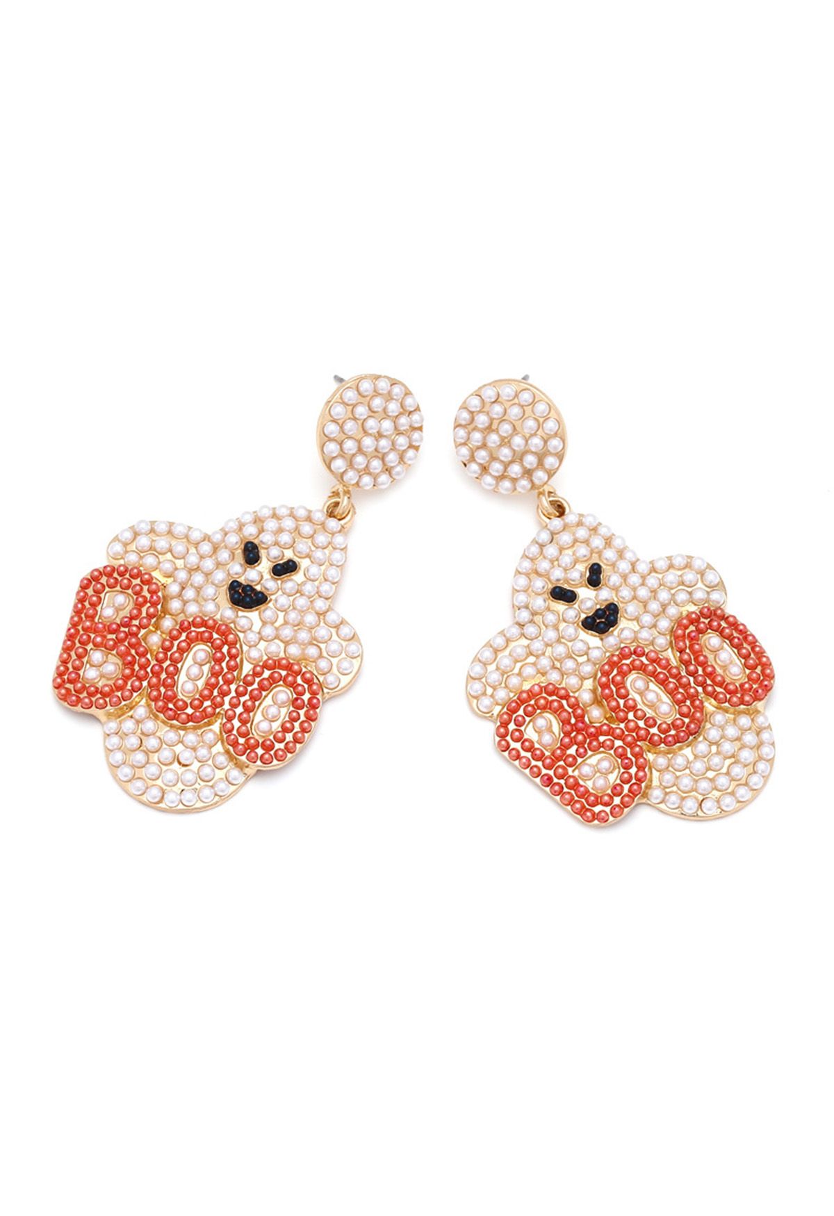 BOO Evil Ghost Pearl Earrings in Orange