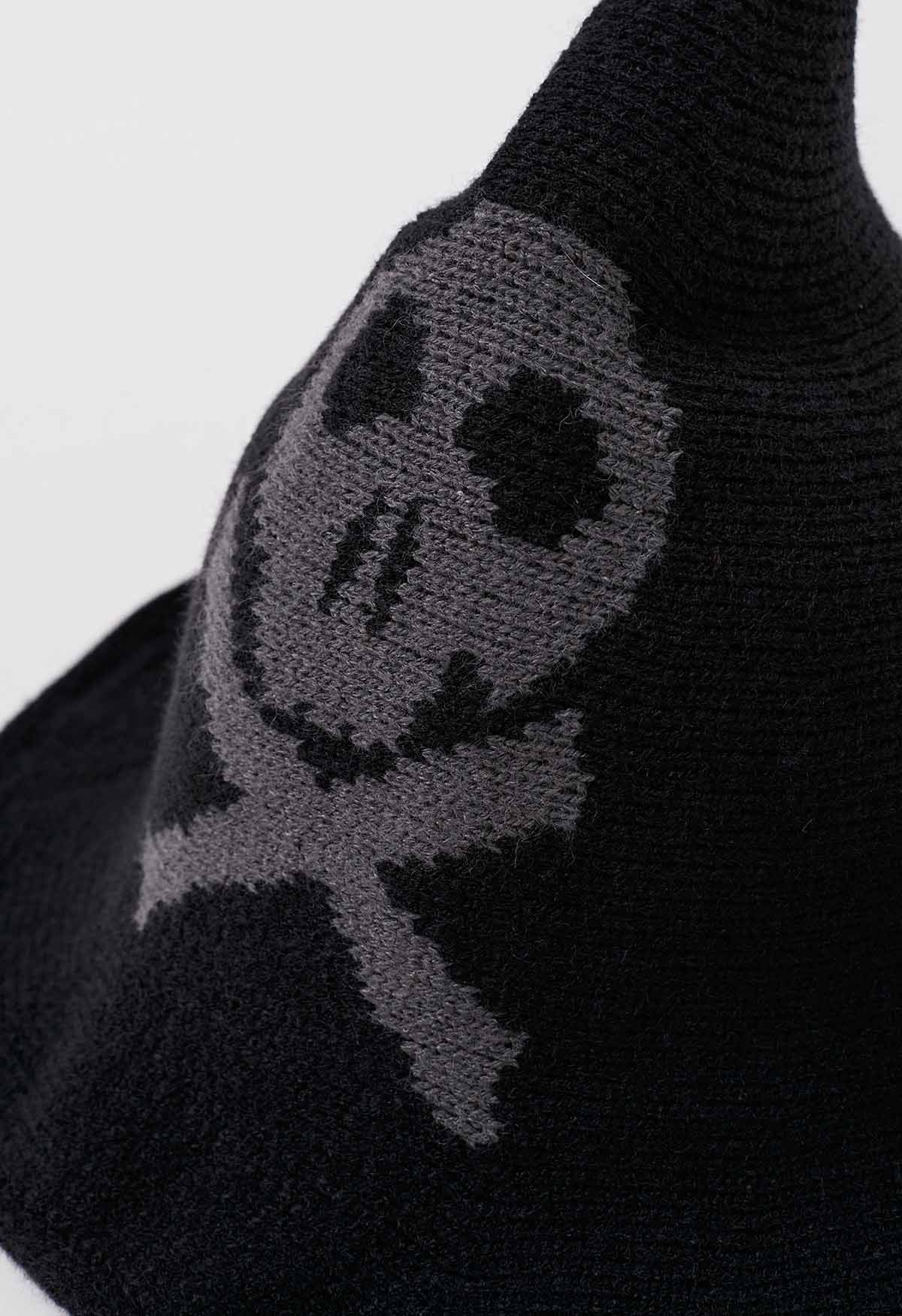 Skull Pattern Wool-Blend Witch Hat in Black