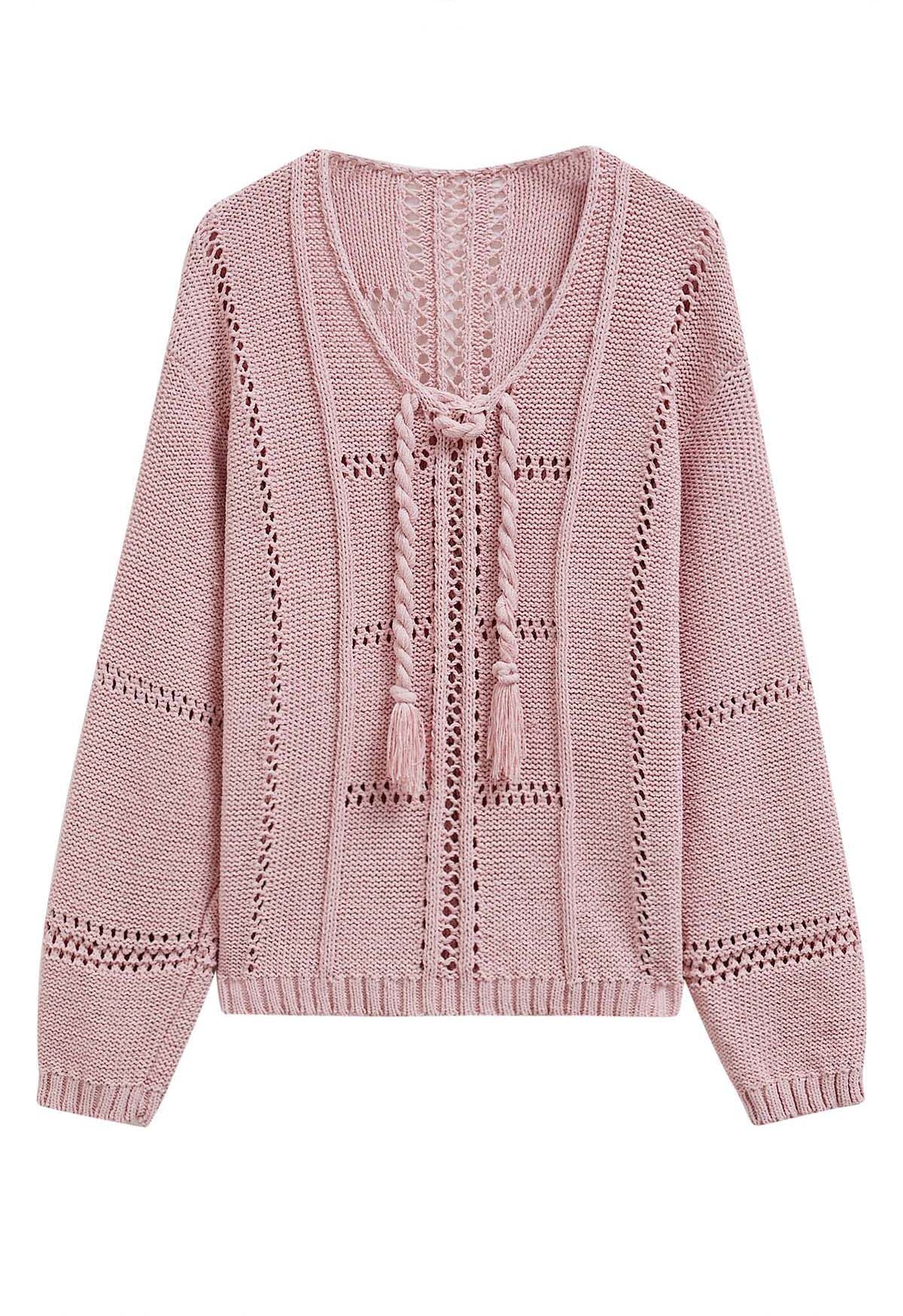 Hollow Out Tie-Neck Knit Top in Pink