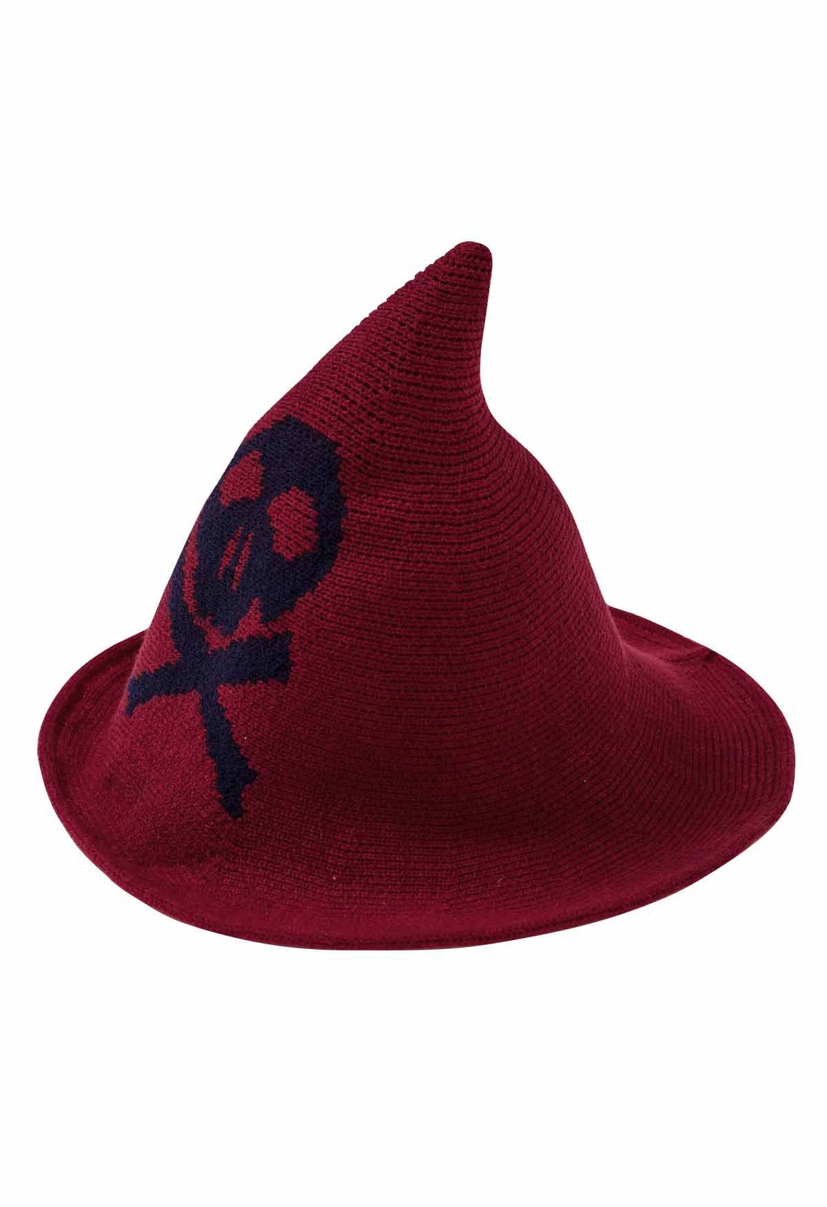 Skull Pattern Wool-Blend Witch Hat in Red