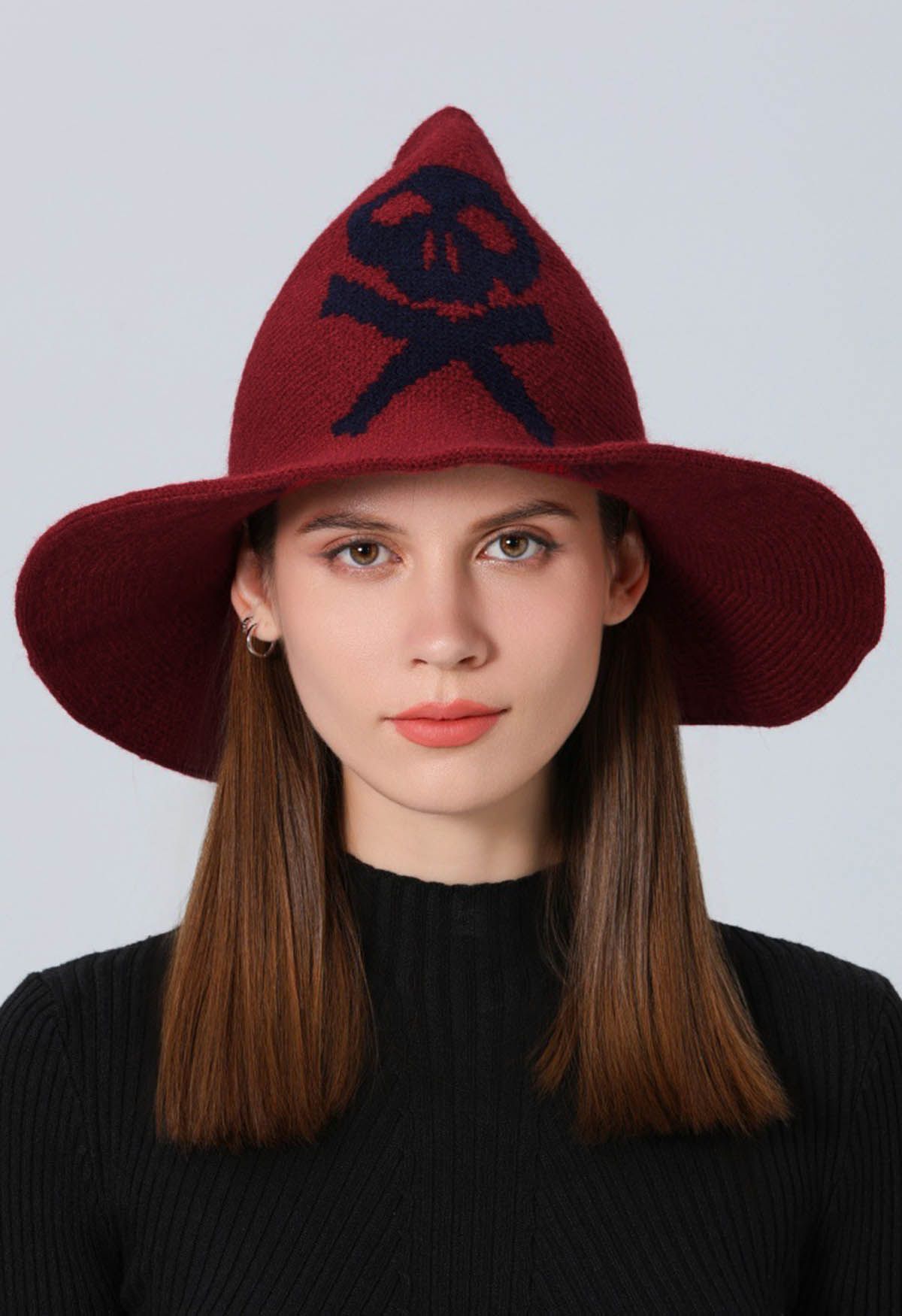 Skull Pattern Wool-Blend Witch Hat in Red