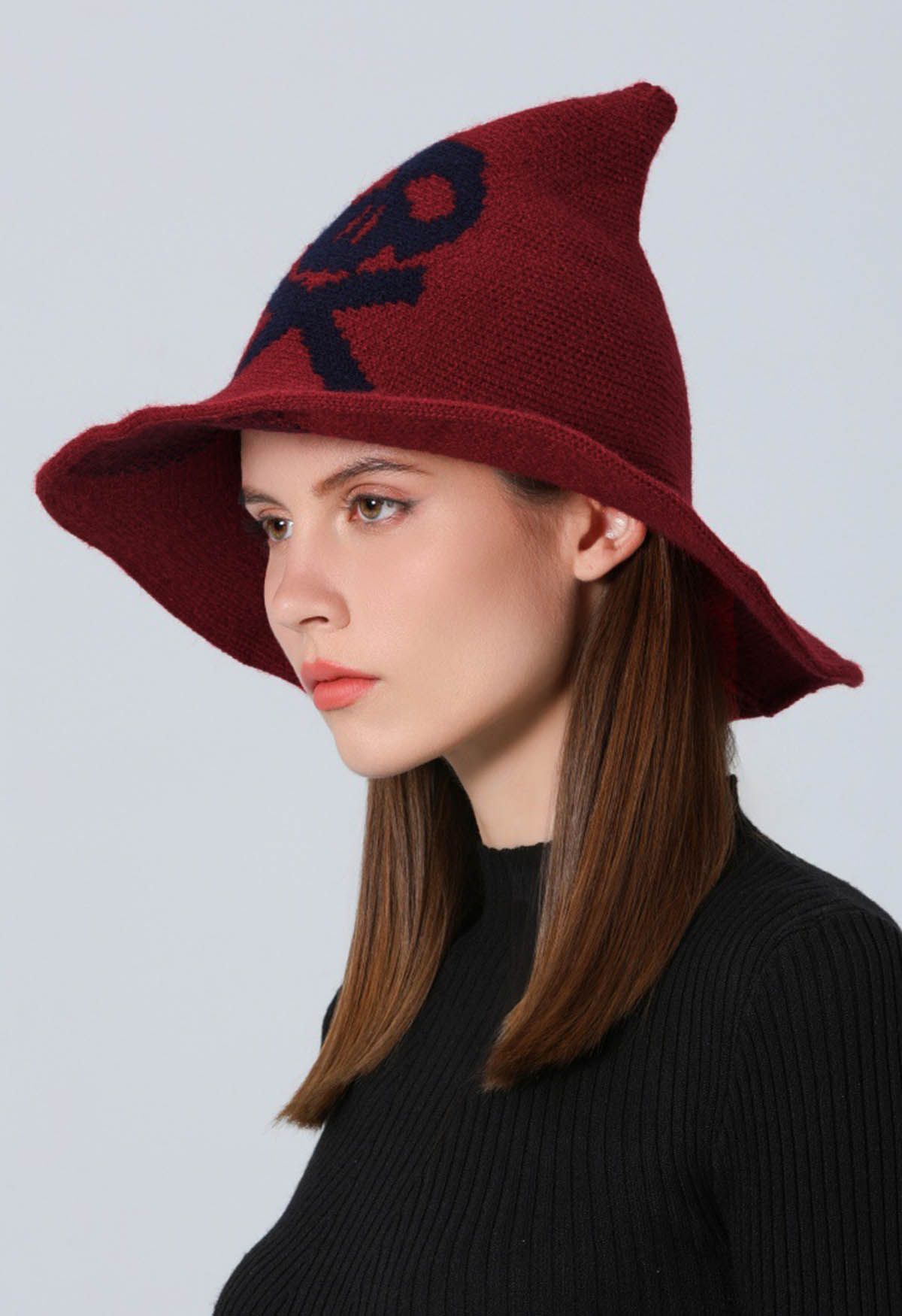 Skull Pattern Wool-Blend Witch Hat in Red