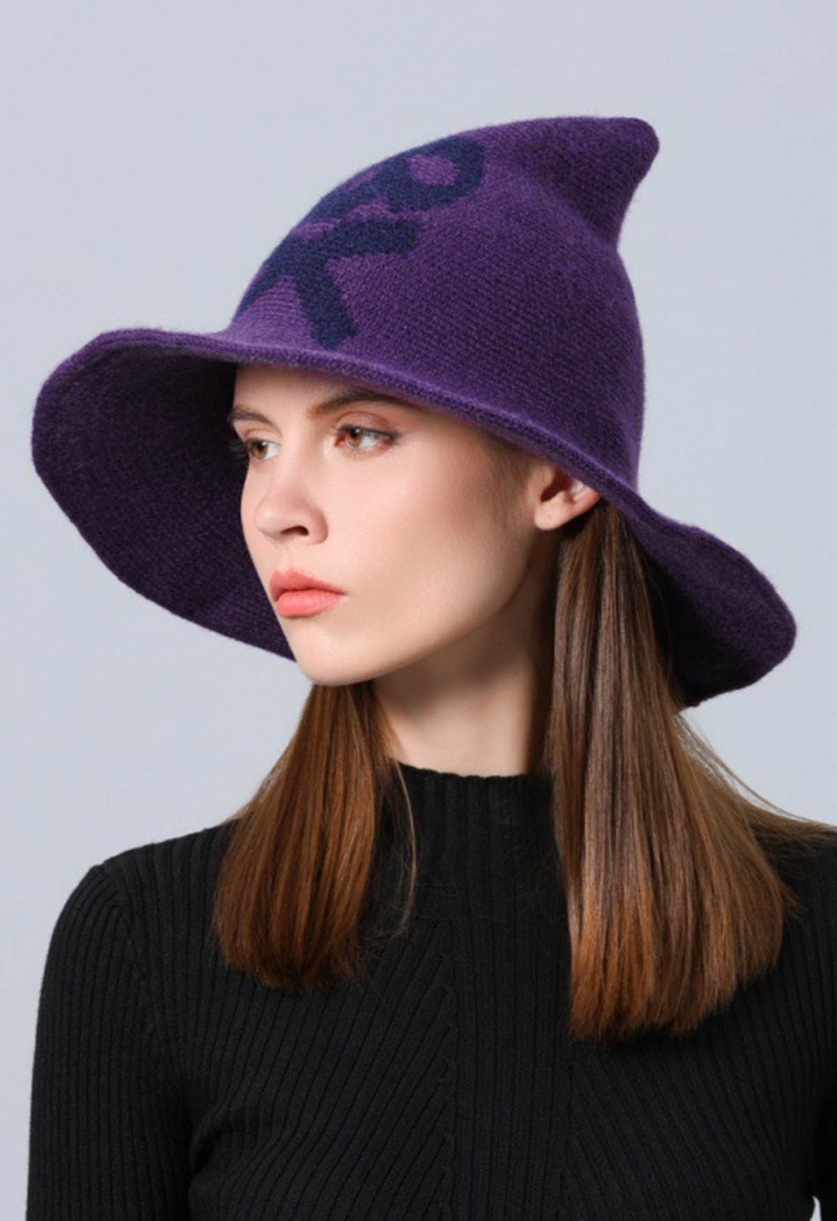 Skull Pattern Wool-Blend Witch Hat in Purple