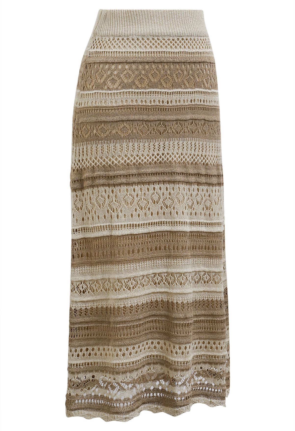 Striped Pointelle Lace Knit Midi Skirt in Oatmeal