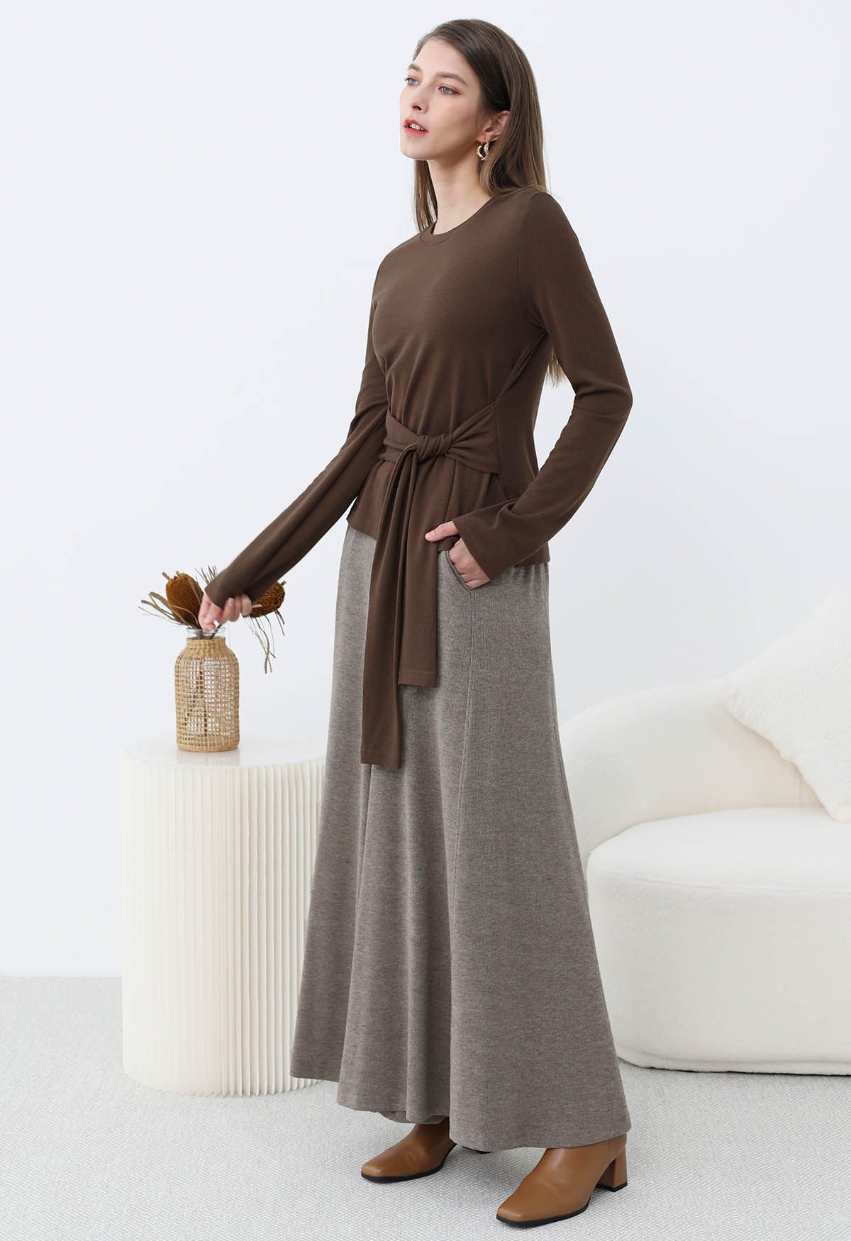 Embrace Softness Tie-Waist Cotton Top in Brown