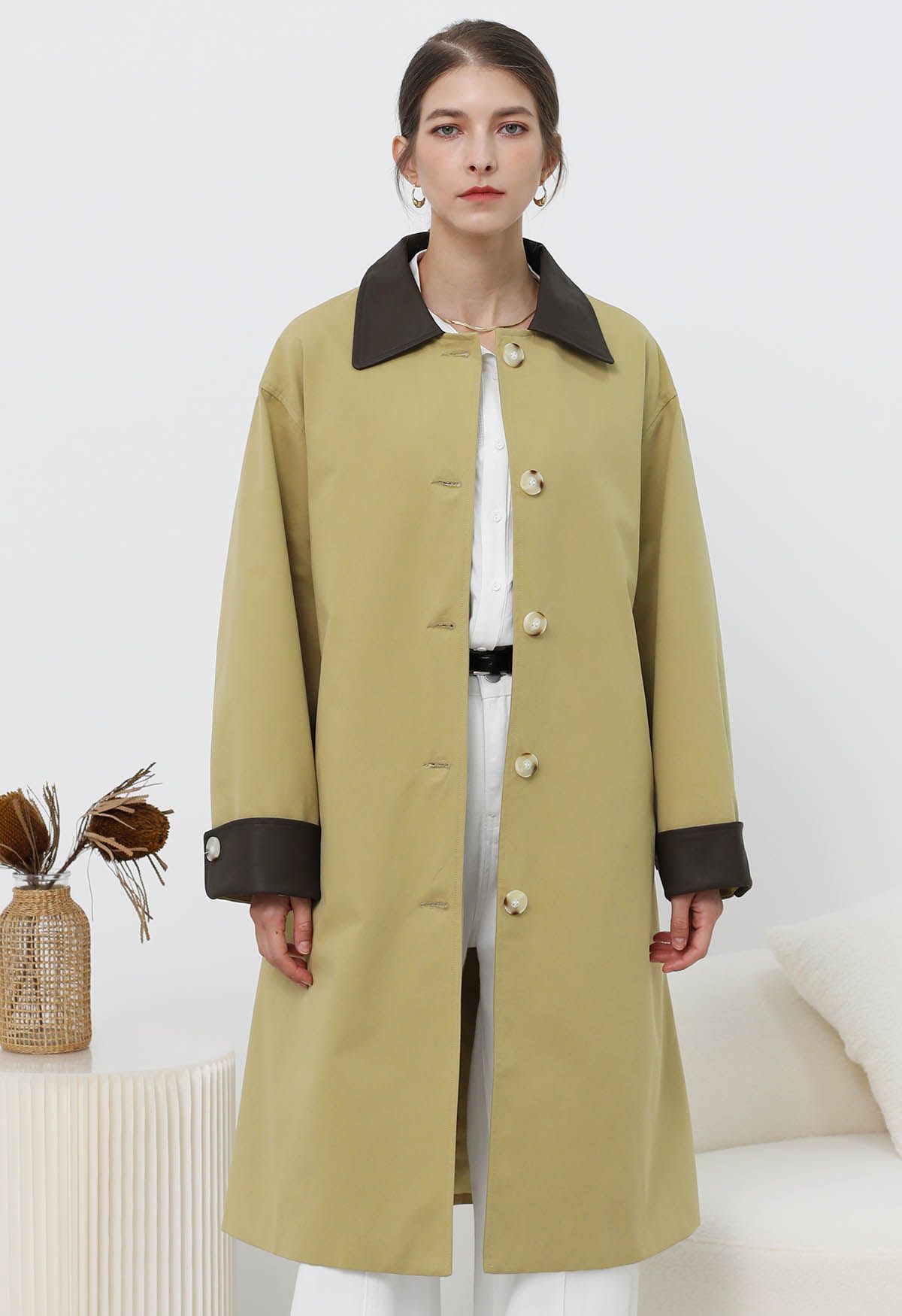 Contrast Faux Leather Trim Button Trench Coat in Mustard