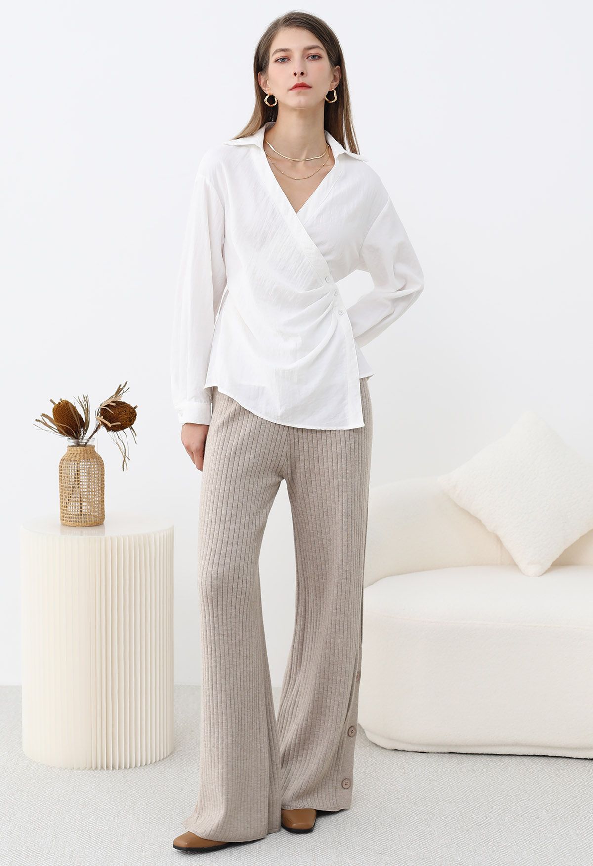 Buttoned Hem Ribbed Knit Pants in Oatmeal