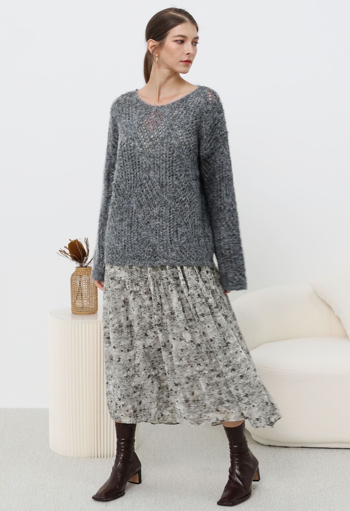 Diamond Pattern Hollow Fuzzy Knit Sweater in Smoke