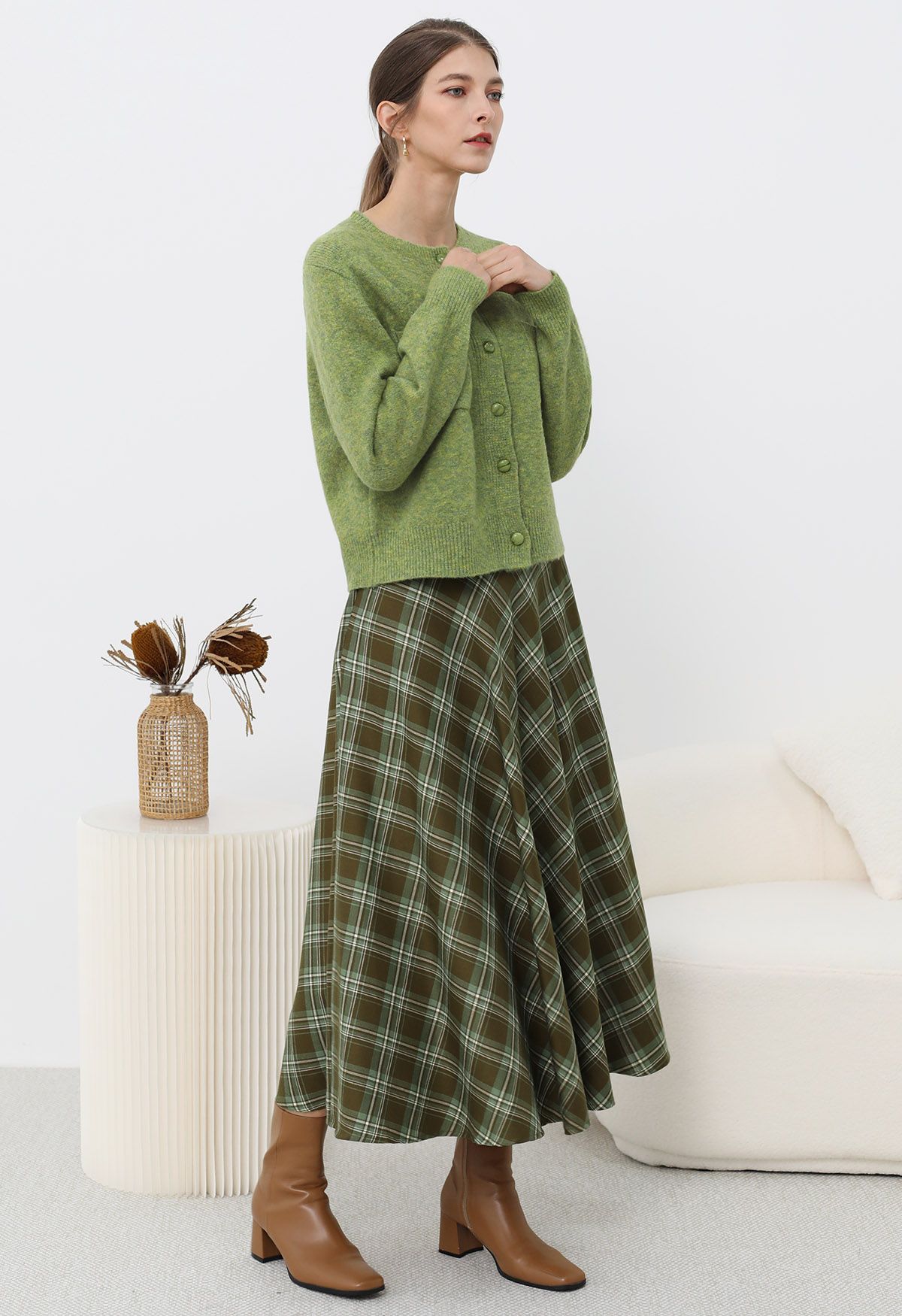 Plaid Charm Flare Midi Skirt in Army Green