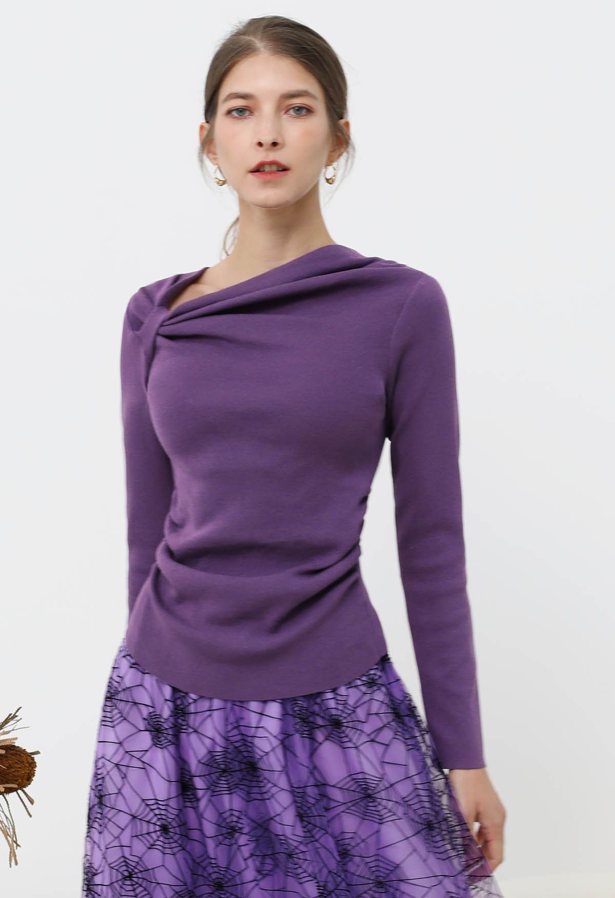 Side Knot Ruched Long-Sleeve Knit Top in Purple