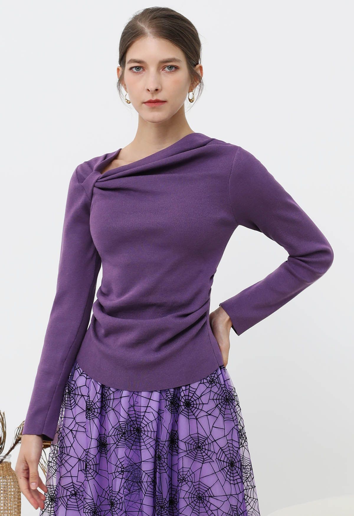 Side Knot Ruched Long-Sleeve Knit Top in Purple