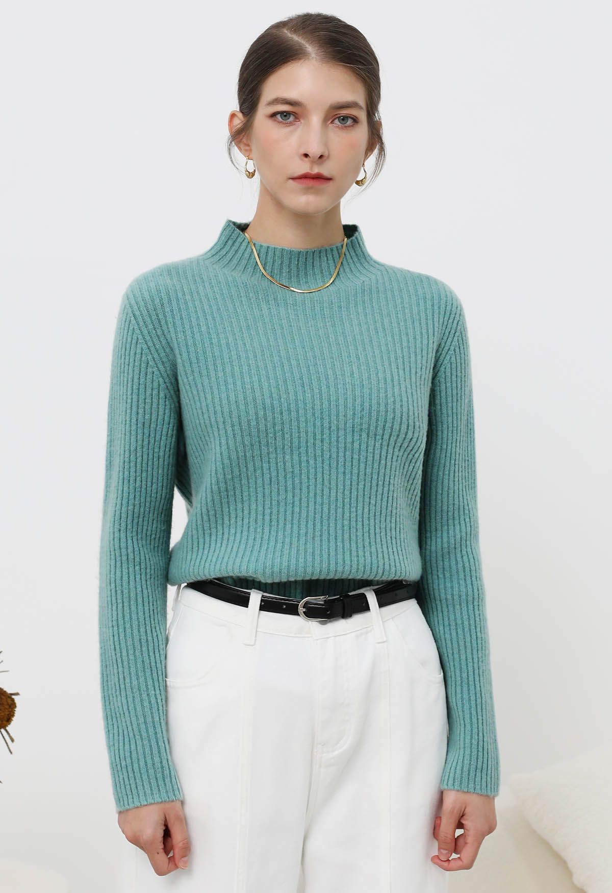 Elemental Mock Neck Long-Sleeve Wool Sweater in Teal